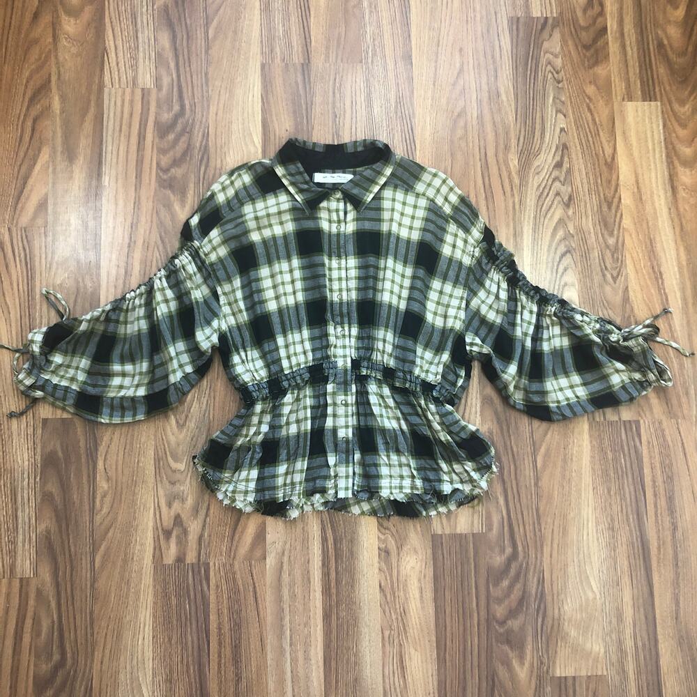Free People Pacific Dawn Plaid Peplum Shirt Black Combo Size Medium NWT New - Picture 3 of 15